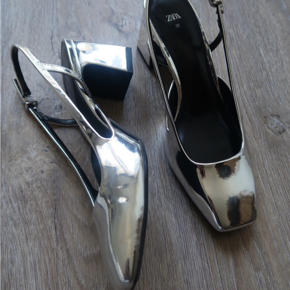 Zara Silver Metallic Block Heel Slingback Pumps